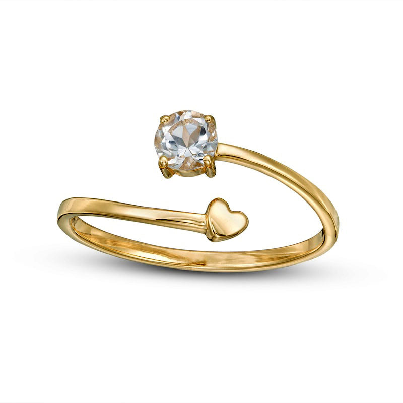4.0mm White Topaz and Polished Heart Open Wrap Ring in Solid 10K Yellow Gold