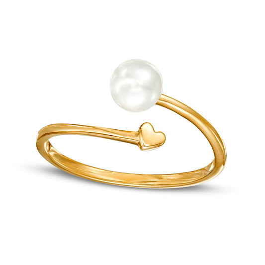 5.5mm Cultured Freshwater Pearl and Polished Heart Open Wrap Ring in Solid 10K Yellow Gold
