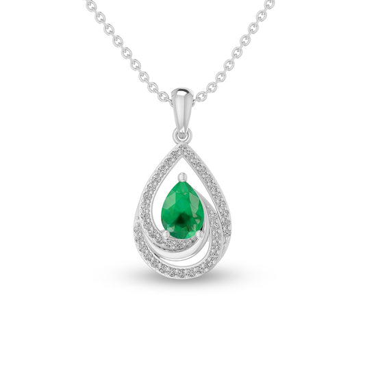 Pear-Shaped Lab-Created Emerald and White Lab-Created Sapphire Swirl Frame Pendant in Sterling Silver