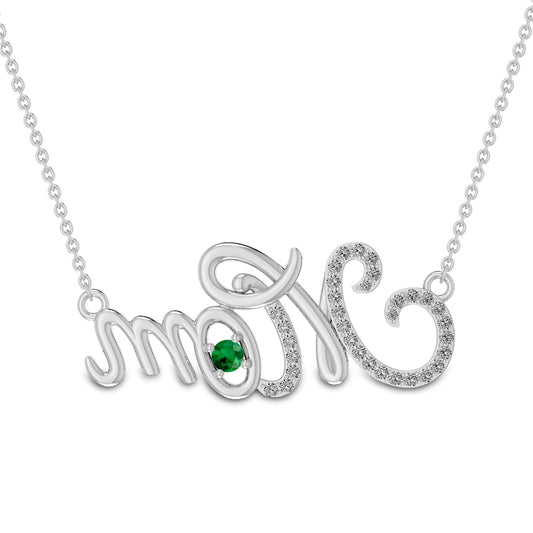 3.0mm Lab-Created Emerald and White Lab-Created Sapphire Cursive "Mom" Pendant in Sterling Silver