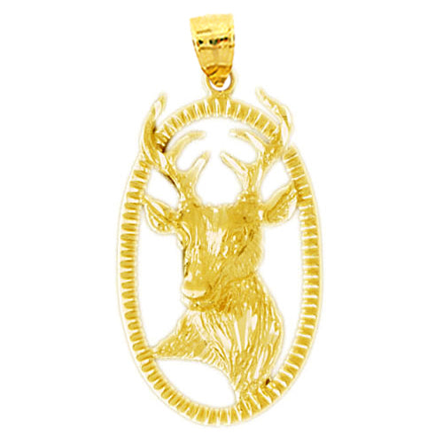 14K Gold Oval Framed Deer Head Pendant