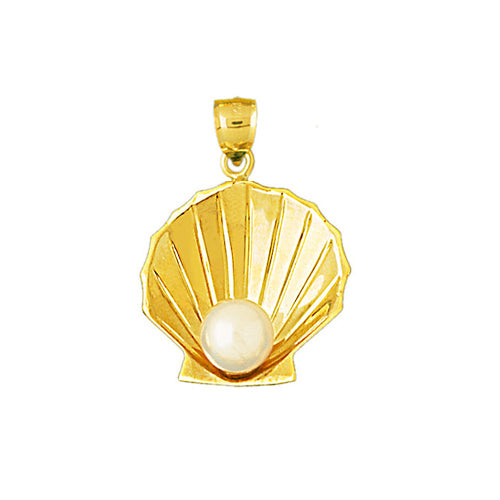 14K Gold Scallop Shell with Pearl Accent Pendant
