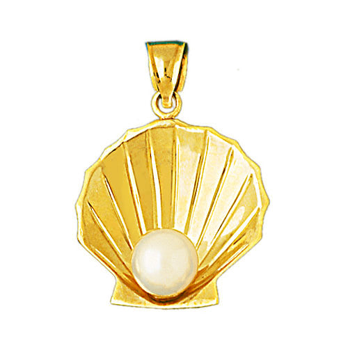 14K Gold Scallop Seashell with Pearl Accent Pendant