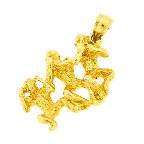 14K Gold 3D No Evil Three Monkeys Pendant