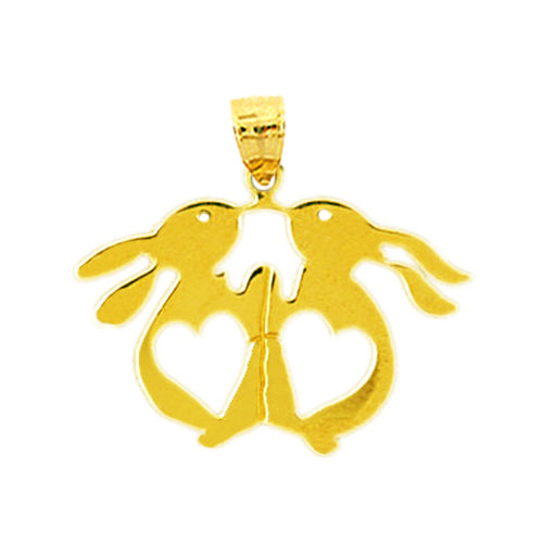 14K Gold Two Bunnies with Hearts Pendant