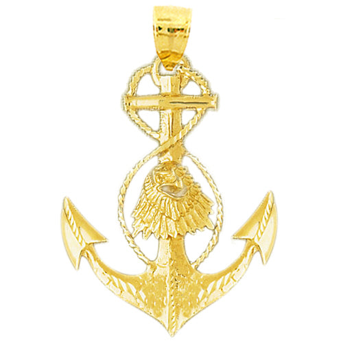 14K Gold Eagle Head On Anchor Pendant