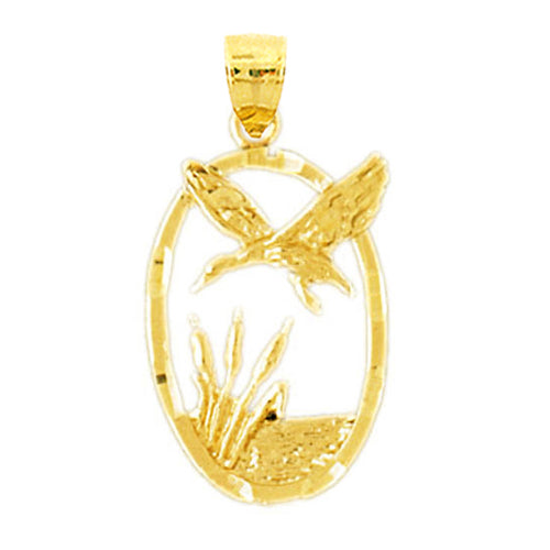14K Gold Flying Bird In Oval Frame Pendant