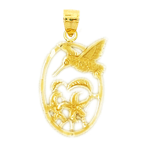 14K Gold Hummingbird and Flower Pendant