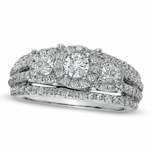 Previously Owned - 1.5 CT. T.W. Natural Diamond Three Stone Multi-Row Ring in Solid 14K White Gold