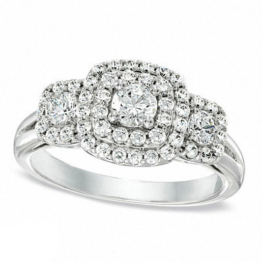 Previously Owned - 1.0 CT. T.W. Natural Diamond Double Cushion Frame Three Stone Ring in Solid 10K White Gold