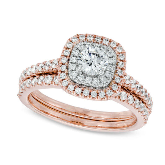 Previously Owned - 1.0 CT. T.W. Natural Diamond Double Cushion Frame Bridal Engagement Ring Set in Solid 14K Rose Gold