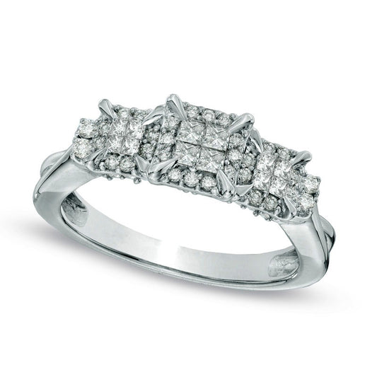 Previously Owned - 0.50 CT. T.W. Princess-Cut Quad Natural Diamond Frame Three Stone Engagement Ring in Solid 10K White Gold