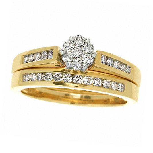 Previously Owned - 1.0 CT. T.W. Natural Diamond Flower Bridal Engagement Ring Set in Solid 10K Yellow Gold