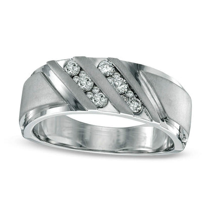 Previously Owned - Men's 0.38 CT. T.W. Natural Diamond Slant Ring in Solid 10K White Gold