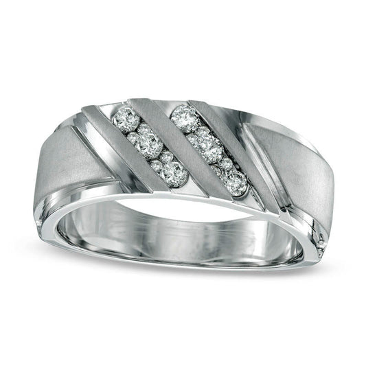 Previously Owned - Men's 0.38 CT. T.W. Natural Diamond Slant Ring in Solid 10K White Gold