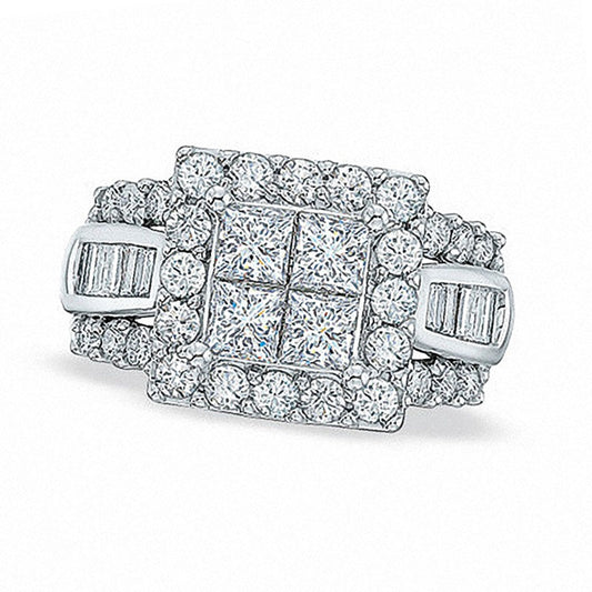 Previously Owned - 2.0 CT. T.W. Quad Princess-Cut and Baguette Natural Diamond Engagement Ring in Solid 14K White Gold