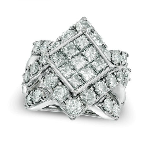 Previously Owned - 5 CT. T.W. Princess-Cut Composite Natural Diamond Square Frame Crossover Bridal Engagement Ring Set in Solid 14K White Gold