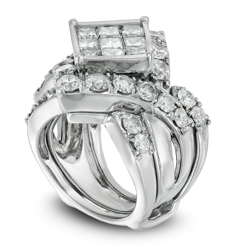 Previously Owned - 5 CT. T.W. Princess-Cut Composite Natural Diamond Square Frame Crossover Bridal Engagement Ring Set in Solid 14K White Gold