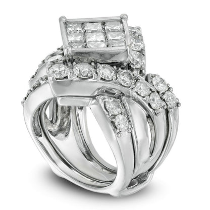 Previously Owned - 5 CT. T.W. Princess-Cut Composite Natural Diamond Square Frame Crossover Bridal Engagement Ring Set in Solid 14K White Gold