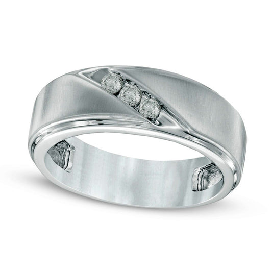 Previously Owned - Men's 0.33 CT. T.W. Natural Diamond Three Stone Slant Wedding Band in Solid 10K White Gold