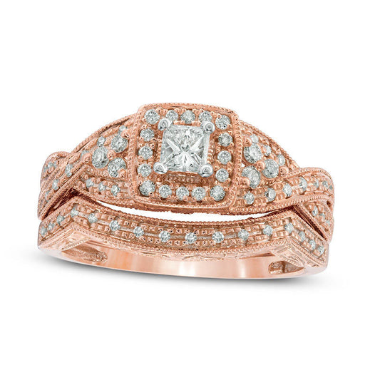Previously Owned - 0.50 CT. T.W. Natural Diamond Square Frame Antique Vintage-Style Bridal Engagement Ring Set in Solid 14K Rose Gold