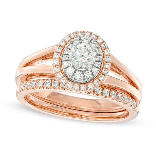 Previously Owned - 0.75 CT. T.W. Natural Diamond Double Oval Frame Split Shank Bridal Engagement Ring Set in Solid 10K Rose Gold