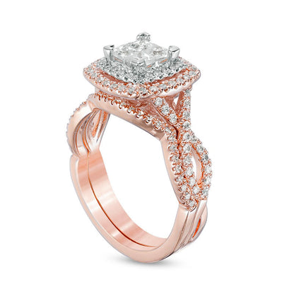 Previously Owned - 1.0 CT. T.W. Quad Princess-Cut Natural Diamond Double Frame Twist Bridal Engagement Ring Set in Solid 14K Two-Tone Gold