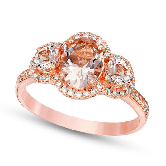 Previously Owned - Oval Morganite and 0.20 CT. T.W. Natural Diamond Frame Three Stone Engagement Ring in Solid 14K Rose Gold
