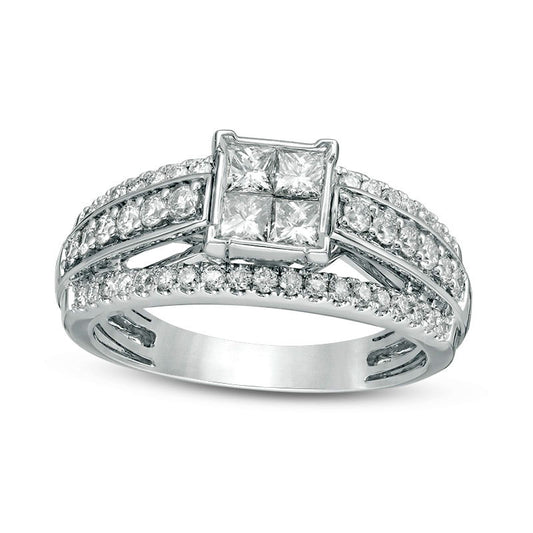Previously Owned - 1.0 CT. T.W. Quad Princess-Cut Natural Diamond Three Row Engagement Ring in Solid 14K White Gold