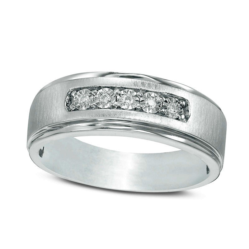 Previously Owned - Men's 0.05 CT. T.W. Natural Diamond Five Stone Satin Wedding Band in Solid 10K White Gold
