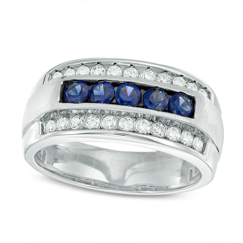 Previously Owned - Men's Blue Sapphire and 0.25 CT. T.W. Natural Diamond Multi-Row Ring in Solid 10K White Gold