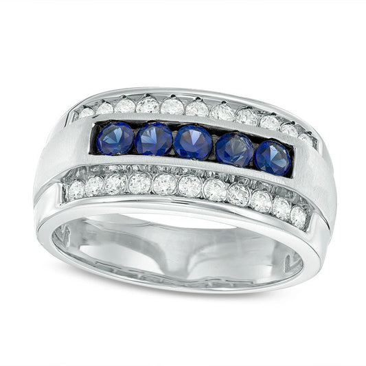 Previously Owned - Men's Blue Sapphire and 0.25 CT. T.W. Natural Diamond Multi-Row Ring in Solid 10K White Gold