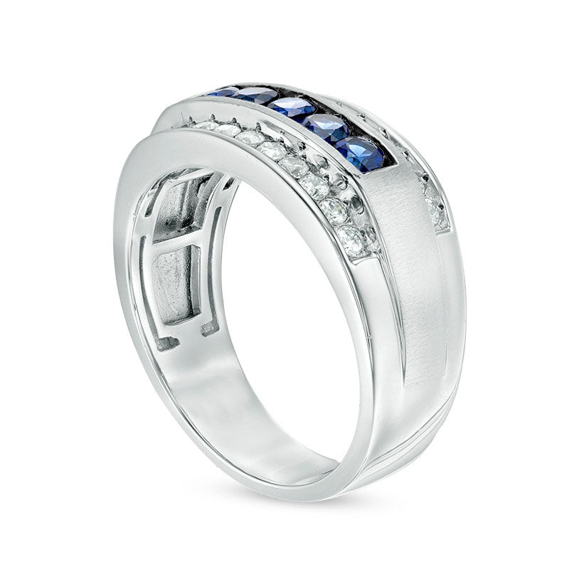 Previously Owned - Men's Blue Sapphire and 0.25 CT. T.W. Natural Diamond Multi-Row Ring in Solid 10K White Gold