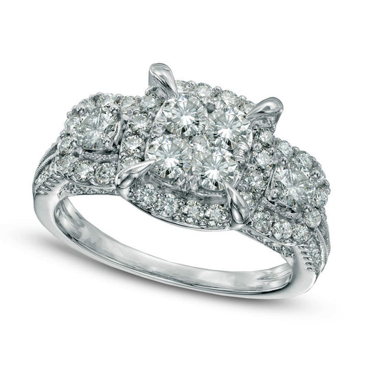 Previously Owned - 1.5 CT. T.W. Quad Natural Diamond Frame Three Stone Engagement Ring in Solid 14K White Gold