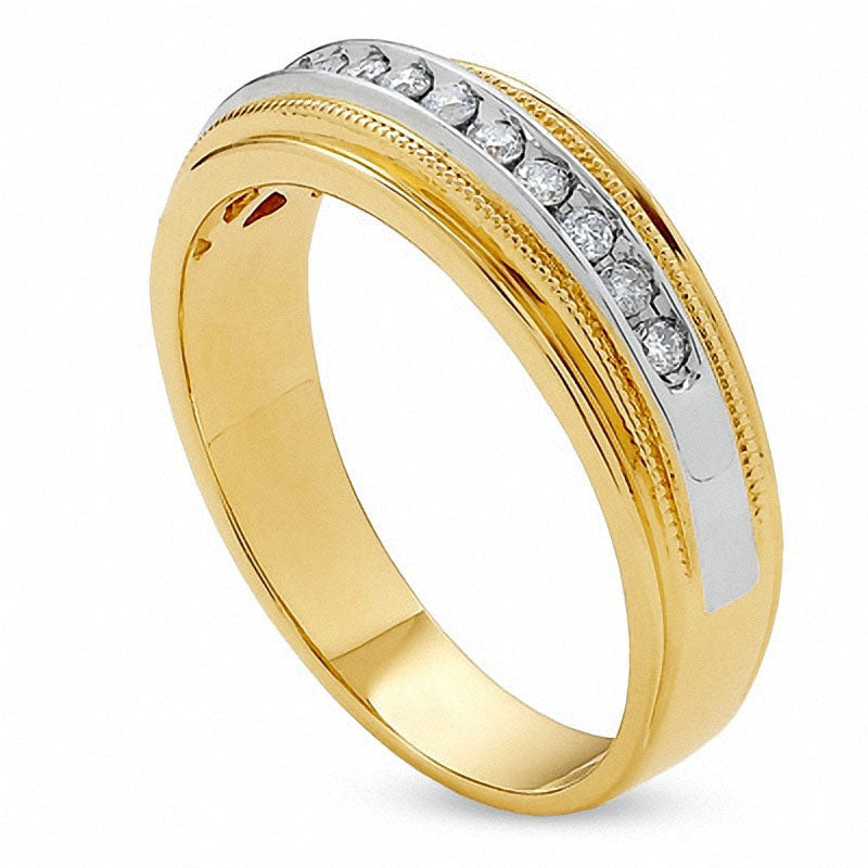 Previously Owned - Men's 0.25 CT. T.W. Natural Diamond Channel Milgrain Band in Solid 14K Two-Tone Gold
