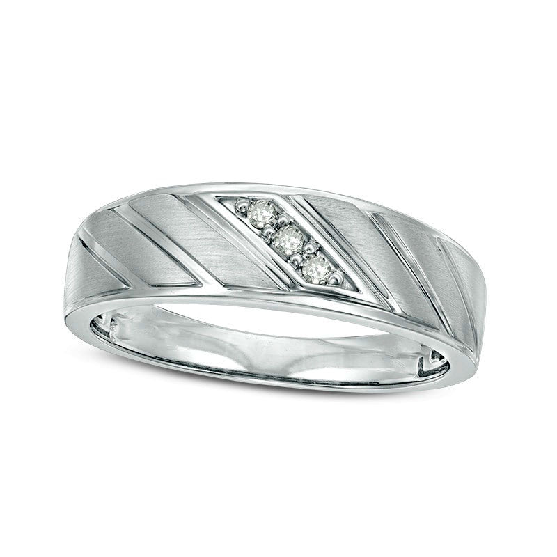 Men's 0.05 CT. T.W. Natural Diamond Three Stone Slant Groove Wedding Band in Solid 10K White Gold
