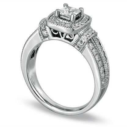 Previously Owned - 1.0 CT. T.W. Princess-Cut Natural Diamond Frame Engagement Ring in Solid 14K White Gold