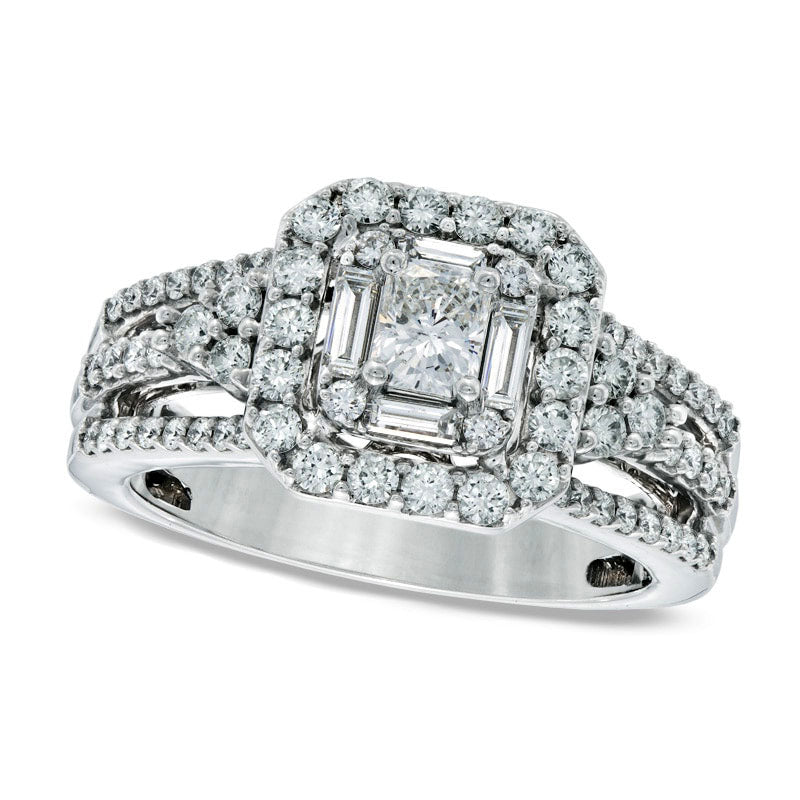 Previously Owned - Celebration Lux® 1.20 CT. T.W. Radiant-Cut Natural Diamond Frame Engagement Ring in Solid 14K White Gold (I/SI2)