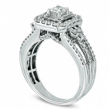 Previously Owned - Celebration Lux® 1.20 CT. T.W. Radiant-Cut Natural Diamond Frame Engagement Ring in Solid 14K White Gold (I/SI2)