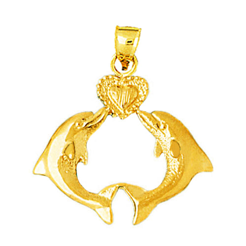 14K Gold Dolphins Kissing A Heart Pendant