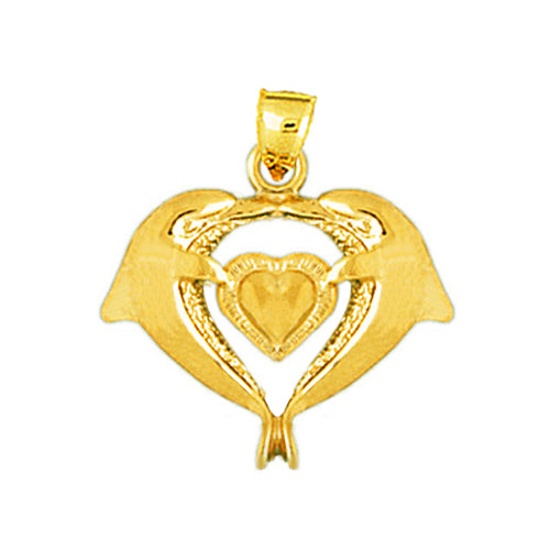 14K Gold 18MM Dolphins Heart Pendant