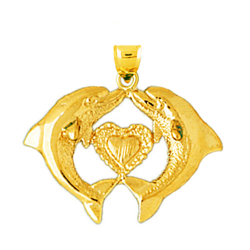 14K Gold Dolphins Holding A Heart Pendant
