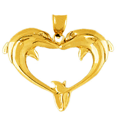 14K Gold Dolphins Heart Pendant