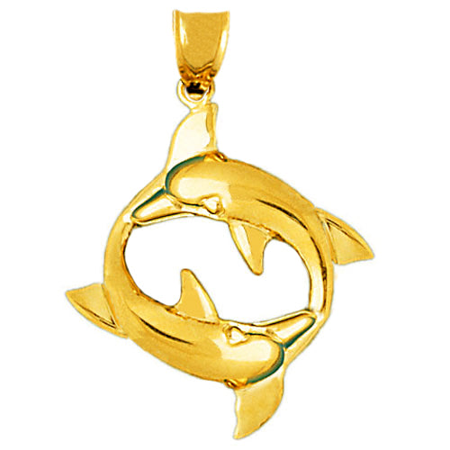 14K Gold 30MM Encircled Dolphins Pendant