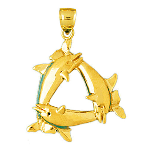 14K Gold Three Dolphins Pendant