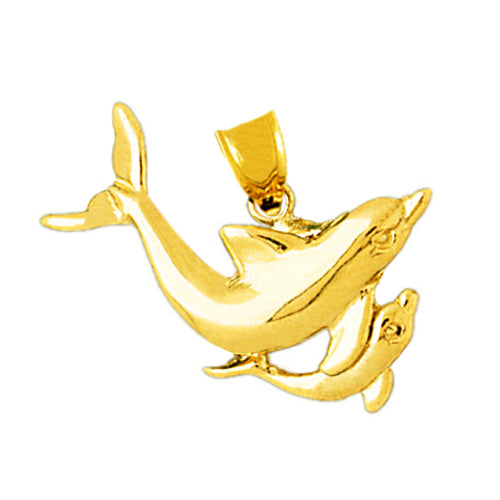 14K Gold 26MM Dolphin and Calf Pendant