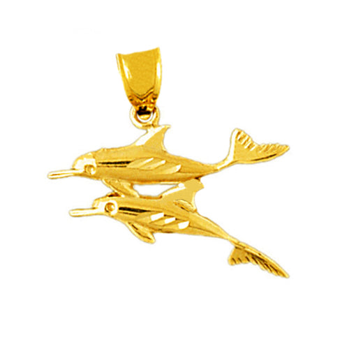 14K Gold Duo Dolphins Swimming Pendant