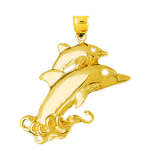 14K Gold Calf and Dolphin Coming out of Water Pendant