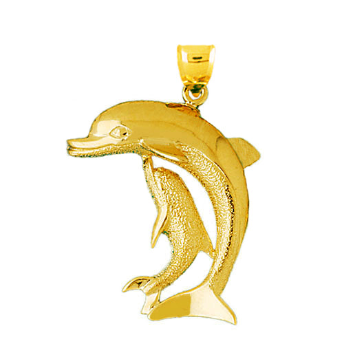 14K Gold 34MM Dolphin and Calf Pendant