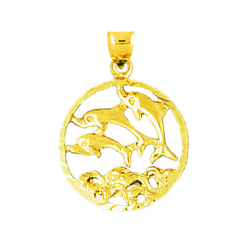 14K Gold Three Dolphins Circled Medallion